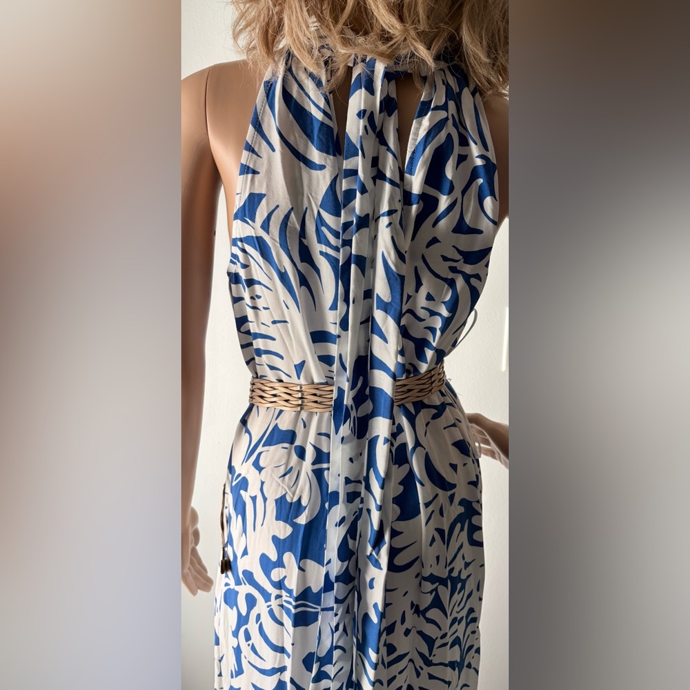 NWT MSK Blue & White Floral Maxi Dress slits on each side, ties on the neck Sz S - Picture 7 of 11